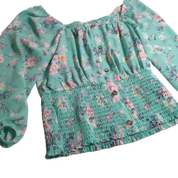 No Boundaries Floral Off Shoulder Blouse M (7-9) Pink Rose Butterflies Stretch - Picture 2 of 6